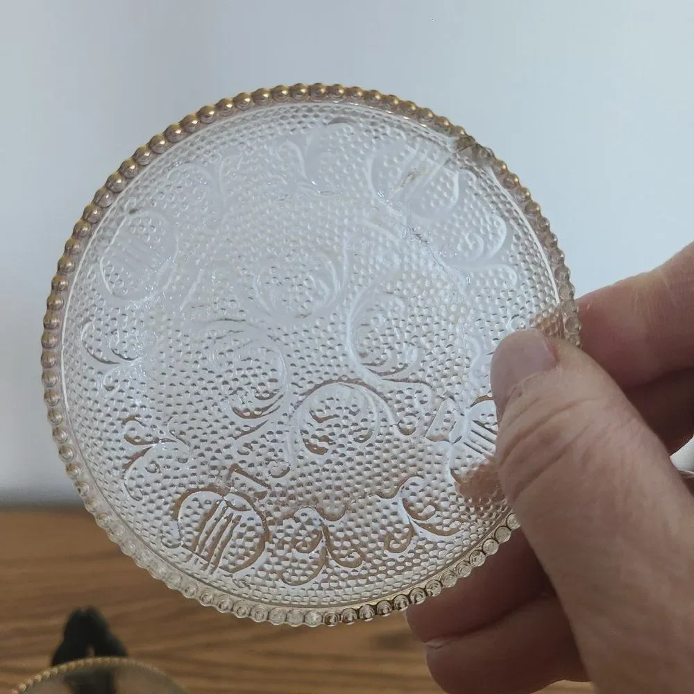 Jeannette Harp Depression Pressed Glass Coaster Trinket Dishes Gold Beaded Rim